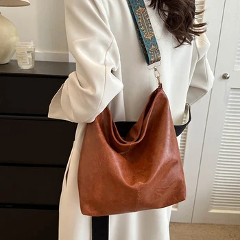 Реколта однотонная чанта от изкуствена кожа с голям капацитет за жени, модерна чанта през рамо, лесна чанта през рамо с широк колан