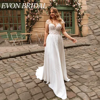 Сватбена рокля EVON BRIDAL Civil С V-образно деколте Плюс Размера на Сватбена рокля Трапецовидна форма Дантела С Отворен Гръб, Шифоновое Сватбена Рокля С Къси Ръкави, vestidos de новия