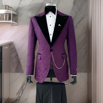 Мъжки жакард костюми с цветен модел, Оборудвана, 2 броя, Velvet Сватбен смокинг с ревера, изработена по поръчка на бала, яке с черни