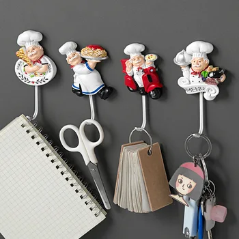 Творчески куки от смола, 3D Мультяшные куки за ключове от майстор готвач, Водоустойчив куки за баня, Кухненски куки Без дупки, Безшевни стенни Декоративни куки