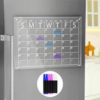 Акрилна магнитна дъска-календар за сухо изтриване за хладилник, 16X12 инча, прозрачен календар за сухо изтриване, включва в себе си 6 маркери