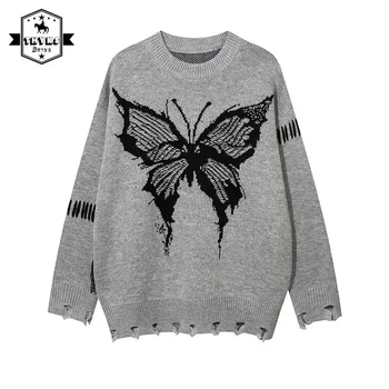 Американският стил на Пеперуда Жаккардовый пуловер с дупки Мъжки градинска дрехи Моден тренд Hoody Harajuku Еластичен пуловер Върховете Унисекс