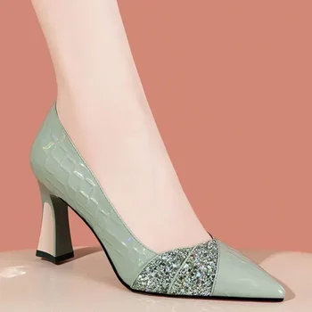 Модни дамски обувки на висок ток, есенни елегантни луксозни дизайнерски обувки-лодка с остри пръсти за зрели, чубрица сватбени обувки Zapatos De Mujer