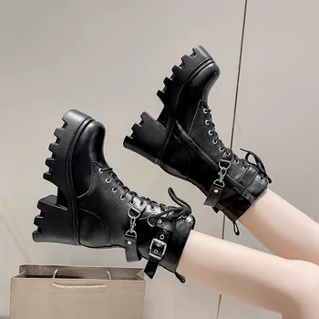 дамски обувки големи размери, обувки от мека кожа на висок ток в стил пънк-готик, женски стръмни обувки на платформа, маркови дизайнерски мотоциклетни ботуши