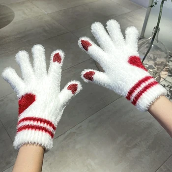 Топли ръкавици с принтом във формата на сърце, зимни плетени калъф за ръкавици за деца, ръкавици за улиците от сърце любов, ръкавици на всички пръсти, плюшени ръкавици за сензорен екран за двойки