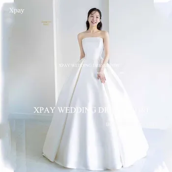 XPAY Елегантни сватбени рокли A Line в Корея Без презрамки, атласное сватбена рокля в сгъвката, сватбената рокля без ръкави с отворен гръб, фотосесия на сватбена рокля