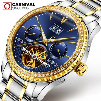 Карнавалните двуслойни Въртящи се часовник с турбийоном Мъжки Луксозни Водоустойчив Автоматични Механични часовници Reloj за бизнес облекло