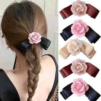 Модни Сатен шнола за коса във формата на цвете камелия с флорални лък, пролетно шнола за жени, Корейски, щипки за коса за оформяне на косата, лентата с лък, щипки за коса