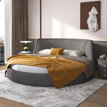 Тъканта, кръгло легло, двойно подвижна и моющаяся, благородна сватбена легло принцеса сив цвят за малък апартамент, съвременната простота,