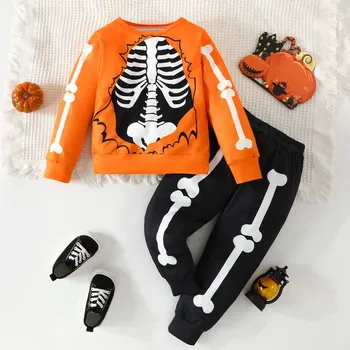 Ежедневни облекла за деца на Хелоуин За малки момчета и момичета, върховете на модел на скелета от картун с дълъг ръкав, панталони, спортен комплект, детски дрехи, костюм