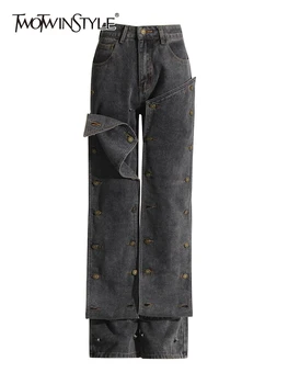 TWOTWINSTYLE Дънкови Свободни панталони с копчета в стил мозайка За жени, градинска дрехи с висока талия, прави дънки, Модни дамски дрехи 2023 г., Новост