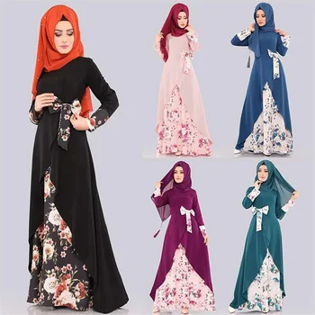 Жена, мюсюлманското рокля Мюсюлманска мода Абая Дубай Цветя Елегантен Темперамент Принт Дълга рокля С лък Рокли Абая Турция, Саудитска Арабия