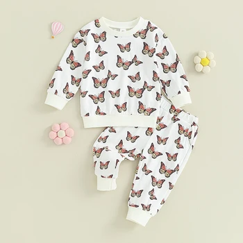 Комплект дрехи от 2 теми за малките момичетата от 0 до 2 години, hoody с дълги ръкави и еластична штанами с принтом пеперуди, сладки есенни комплекти дрехи за деца