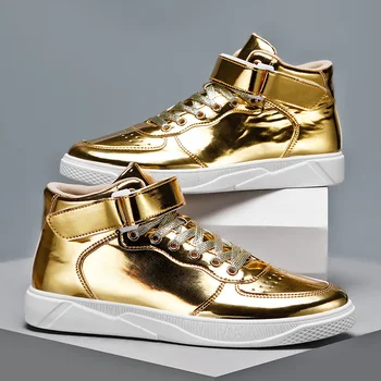 Луксозна Златна Мъжки обувки От Лачена кожа, Маркови Маратонки, Мъжки Огледално обувки С висок берцем, Мъжки Ежедневни обувки в стил хип-хоп, zapatillas hombre