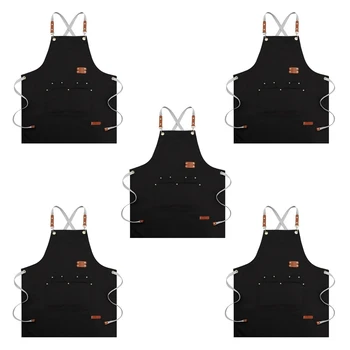 Престилка-готвач 5X-престилка с перекрещивающейся облегалка за мъже и жени, кухненски престилки с регулиращи се презрамки и големи джобове (черен)