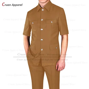 Модерен Мъжки костюм, Китайска Туника, Лятна Сватба Бизнес Оборудвана Сако, Панталон, 2 броя, официални мъжки сака с къс ръкав
