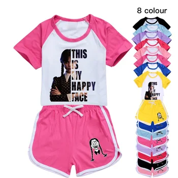 Wednesday Addams Семейство Адамс, 100-170 детски летни комплекти, тениски и шорти с къс ръкав, спортни костюми за малките момичета, спортен комплект за момичета