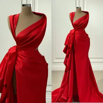 Вечерни рокли на Русалка от сатен и коприна С пластове волани, вечерни рокли с цепка отстрани, пищни рокля за бала на червения килим