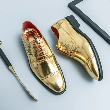 Модни Златни Оксфордские Обувки с Изкуствен Тисненым Модел Дантела С Нишка В Бизнес Стил За Отдих, Мъжки Банкетни Сватбени Обувки