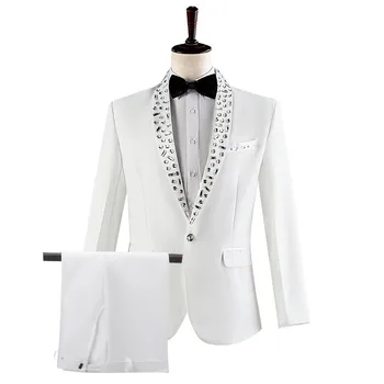 Блейзър с хрустальным яка, панталони, комплект от 2 теми, мъжки сватбен костюм на младоженеца, смокинг за изпълнения на хор певци на сцената, официален костюм