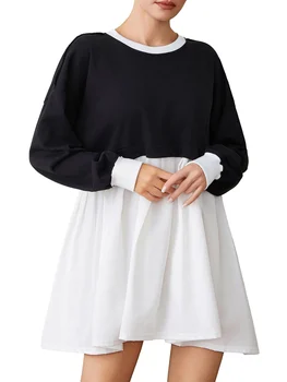 Дамски hoody Оверсайз, къса рокля, пуловер с дълъг ръкав в стил мозайка, потници, блузи, струящееся мини рокля S-XL