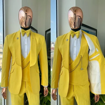 Жълти мъжки костюми по поръчка, 3 предмет, сако, жилетка, панталон, широк ревера, булчински облекла на една пуговице, оборудвана приятелка, официалната работа, изработена по поръчка, плюс размер