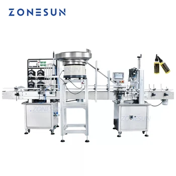 Автоматична производствена линия ZONESUN, машина за пълнене и затваряне на парфюми за очни капки с 4 глави и устройство за подаване капачки.