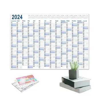 Кратък стенен календар в 2024 година, Целогодишно график за 365 дни, голям плакат-календар с двустранен стикер за училище
