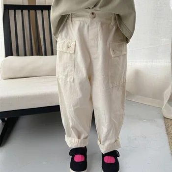 Детски дрехи 2024 Пролет Корейски Стил Карго Панталони с големи джобове Обикновена Ежедневните Модерни Детски ежедневни панталони пълна дължина