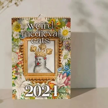 Календар със странни средновековни котки Календар на 2024 година Стенен календар за 12 месеца, подвешиваемый за офис, дом Подарък хартия с покритие A