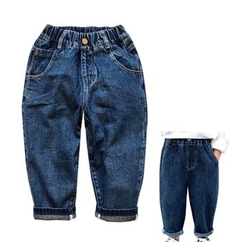 Детски дънки свободно намаляване с еластична гумена лента за кръста, дънкови панталони, дънки за малки момчета за всички сезони.