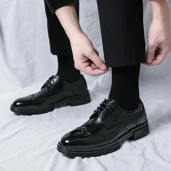 Мъжки Оксфордские обувки Ръчна изработка с остър Пръсти, Черни Кожени Обувки с перфорации тип 