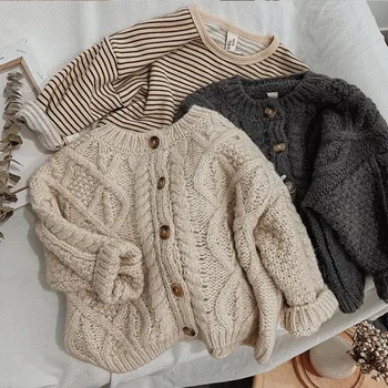 Корейски детски пуловер, жилетка, есен и зима 2023, детска жилетка в ретро стил от груба вълна и коноп, пуловери за момчета и момичета