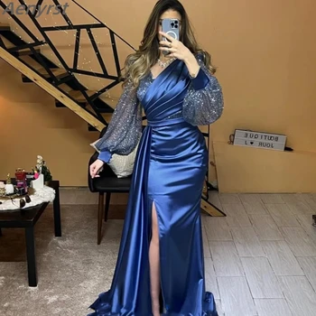 Тъмно сини вечерни рокли с V-образно деколте и дълъг ръкав, драпированное сватбена рокля Русалка, секси дамски сатенени рокли за бала на известни личности арабската мода