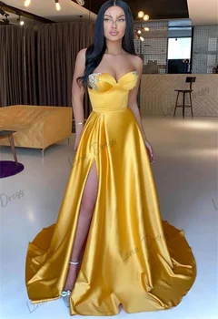 Huku - елегантна рокля без презрамки, жълто сватбена рокля, подходящо за бала, бала, вечерна рокля, рокля за коктейл партита, сатен линия