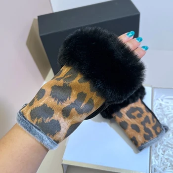 1 чифт ръкавици за полпальца с леопардовым принтом, Замшевая кожа, ръкавици от кожа заек, ръкавици без пръсти, меки плюшени топли ръкавици без пръсти