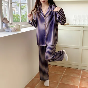 Жена пижамный комплект в лилаво райе със секси отворотами, модни пижами свободно, намаляване, ежедневни домашни дрехи, интимно бельо, нощно облекло