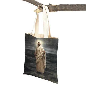 Лидерът на Свети Светлината на Христос Исус, Женствена чанта за пазаруване с принтом, чанта-тоут, Cartoony Спасител, за Многократна употреба сгъваеми Реколта холщовые чанти за пазаруване