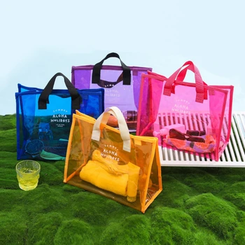 Голяма чанта голям за плуване от PVC, плажна чанта, градинска преносима чанта за съхранение на дрехи, обувки, косметичка, модни прозрачна чанта