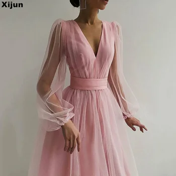 Xijun/ Розови прости рокли за бала трапецовидна форма, Елегантна Диференцирани вечерна рокля от тюл с V-образно деколте рокля за специални случаи, Vestidos De Новия