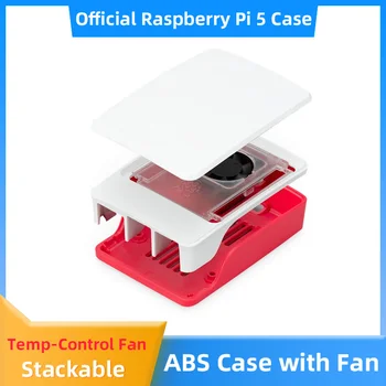 Официален корпус Raspberry Pi 5, червено-бял корпус от ABS пластмаса с регулируема температура, поддръжка на вентилатора за охлаждане, штабелируемого за RPI 5 PI5