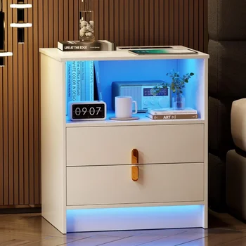 Нощно шкафче за спалня с led осветление, 2 чекмеджета и открита тумбочкой за съхранение, функция сензор за присъствие, бял