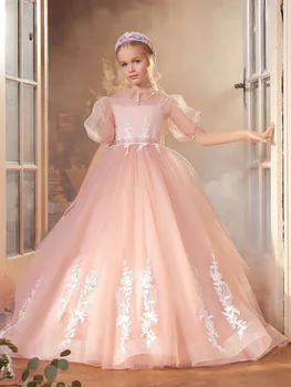Елегантна апликация от перли, къс ръкав, пушистое рокля с лък за момичета в цветенце на сватба, детски рожден ден, рокля за Първо причастие