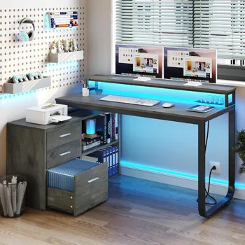 Работно бюро за домашния офис с поставка за монитор, бюро във формата на розетка, led подсветка и кабинета, компютърна маса за четене в бял цвят