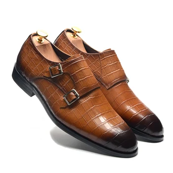 Класически дизайн на мъжки модел обувки Монк с двойни катарами и каишка от естествена телешка кожа, с принтом крокодил, офис бизнес мъжки обувки