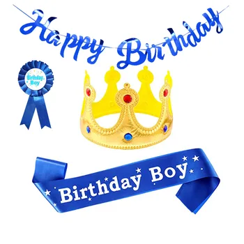Украса за парти по случай рождения Ден момчета и момичета честит Рожден Ден на Момчето презрамка Корсаж Банер Royal Crown Щастливият принц Парти по Случай рождения Ден момичета