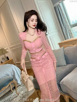 Дамско луксозно розова рокля в елегантен стил, дамско дантелено рокля със златист копринен една кука цвете, кухи однобортный халат за баня с веригата, вечерни рокли