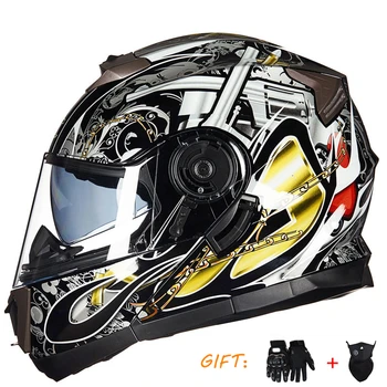 Шарнирен мотоциклет шлем с двойни лещи, Мото, Мотокрос, Модулни полнолицевые каски за мъже и жени с маска-ръкавица