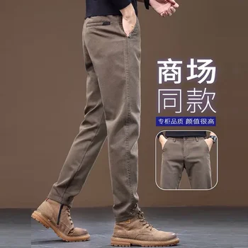2023 Зимни мъжки директни ежедневни панталони отвътре Slim Fit, Удобни универсални кафяви панталони от еластична тъкан, сгъстено, мъжки