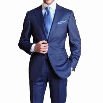 Ежедневните бизнес тъмно сини мъжки костюми Slim Fit, комплект от 2 пиджаков и панталон за младоженеца, сватбена смокинг, официалната офис облекло, костюм Homme